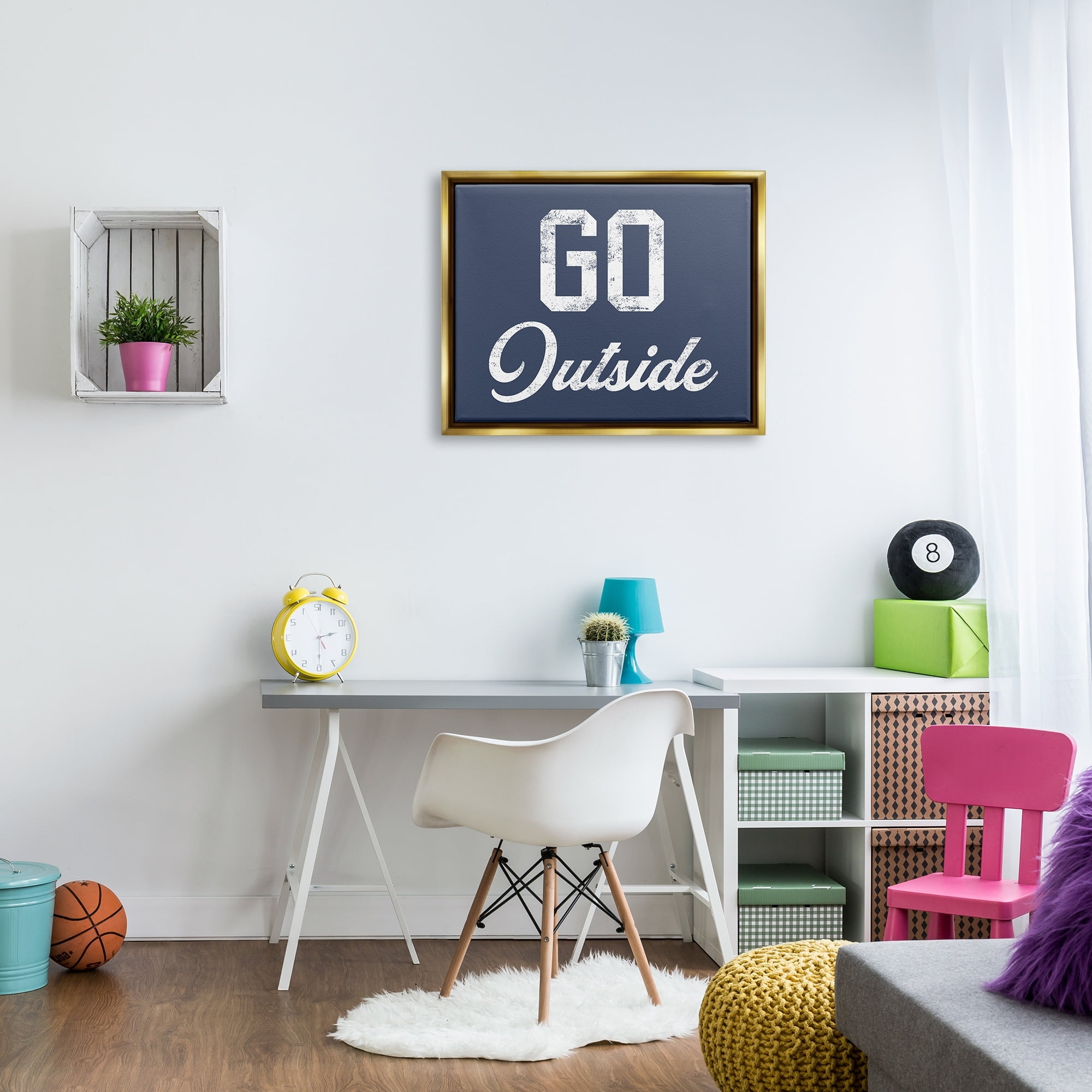 Stupell Industries Go Outside Kids Vintage Text Phrase Design Graphic Art Metallic Gold Floating Framed Canvas Print Wall Art, Design by Daphne Polselli