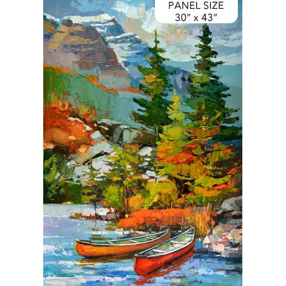 30" X 43" Panel Silent Lake Canoe Water Shore Trees Mountains Cotton Fabric Panel (DP27250-44)
