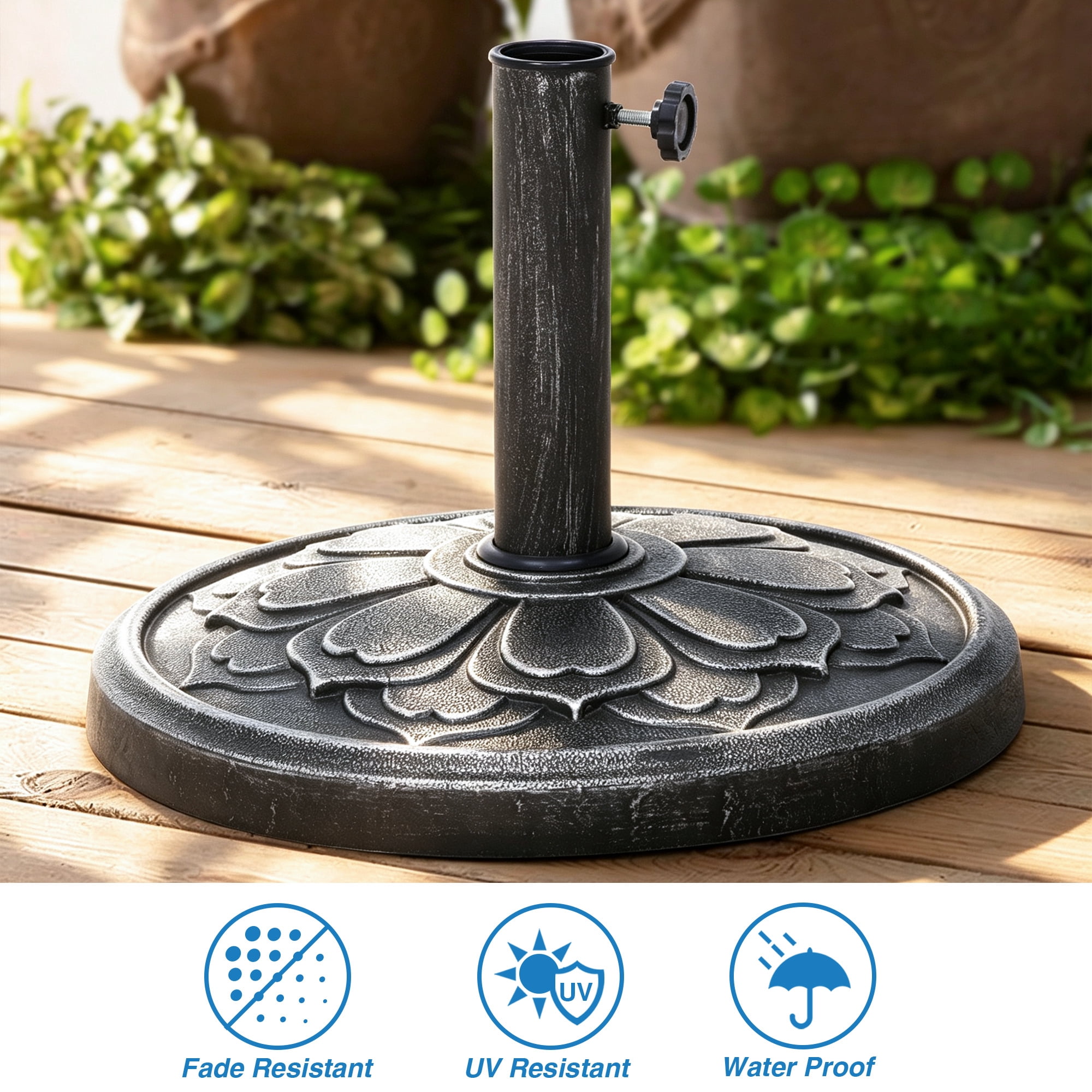 Kool 27 lbs. Lotus Design Umbrella Base Outdoor Market Umbrella Stand in Antique Silver