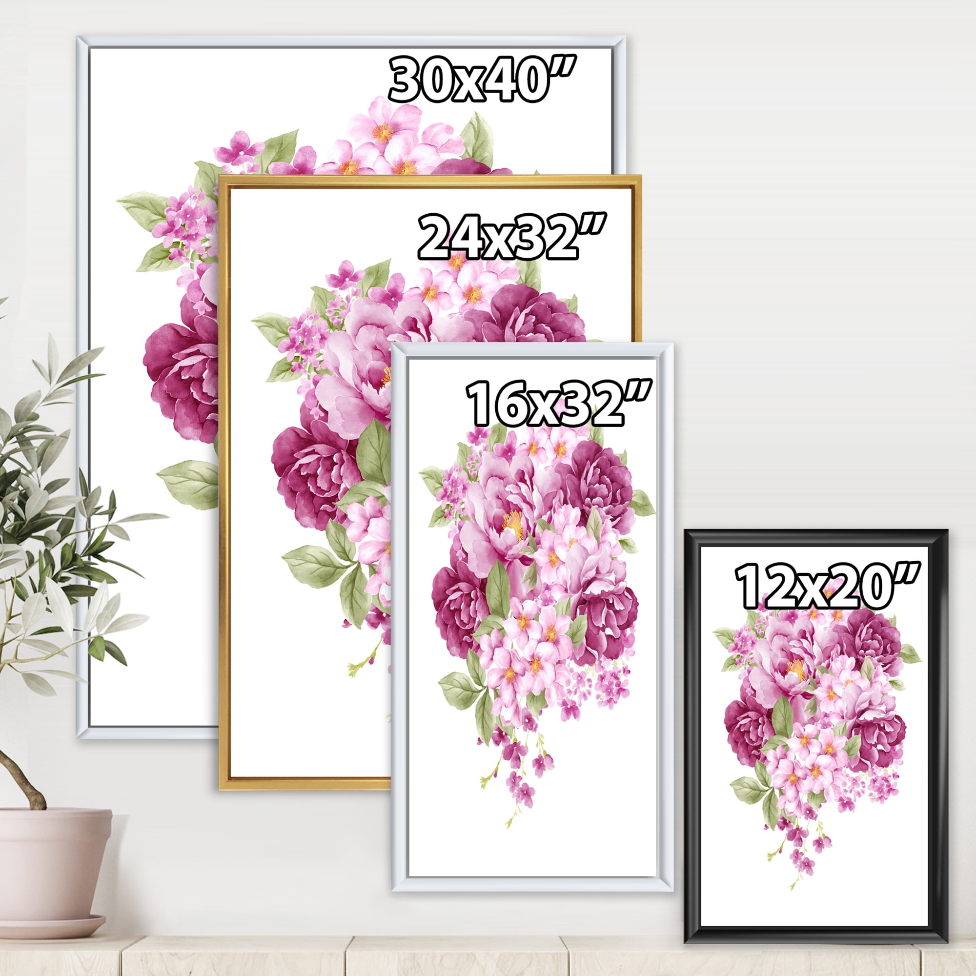 Designart 'Bouquet Of Pink Retro Flowers' Traditional Framed Canvas Wall Art Print