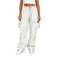 thumbnail image 3 of Hilzaten Womens Baggy Straight Leg Cargo Pants Drawstring Casual Outdoor Solid Sport Pockets Loose Womens Elastic Waist Pants, 3 of 7