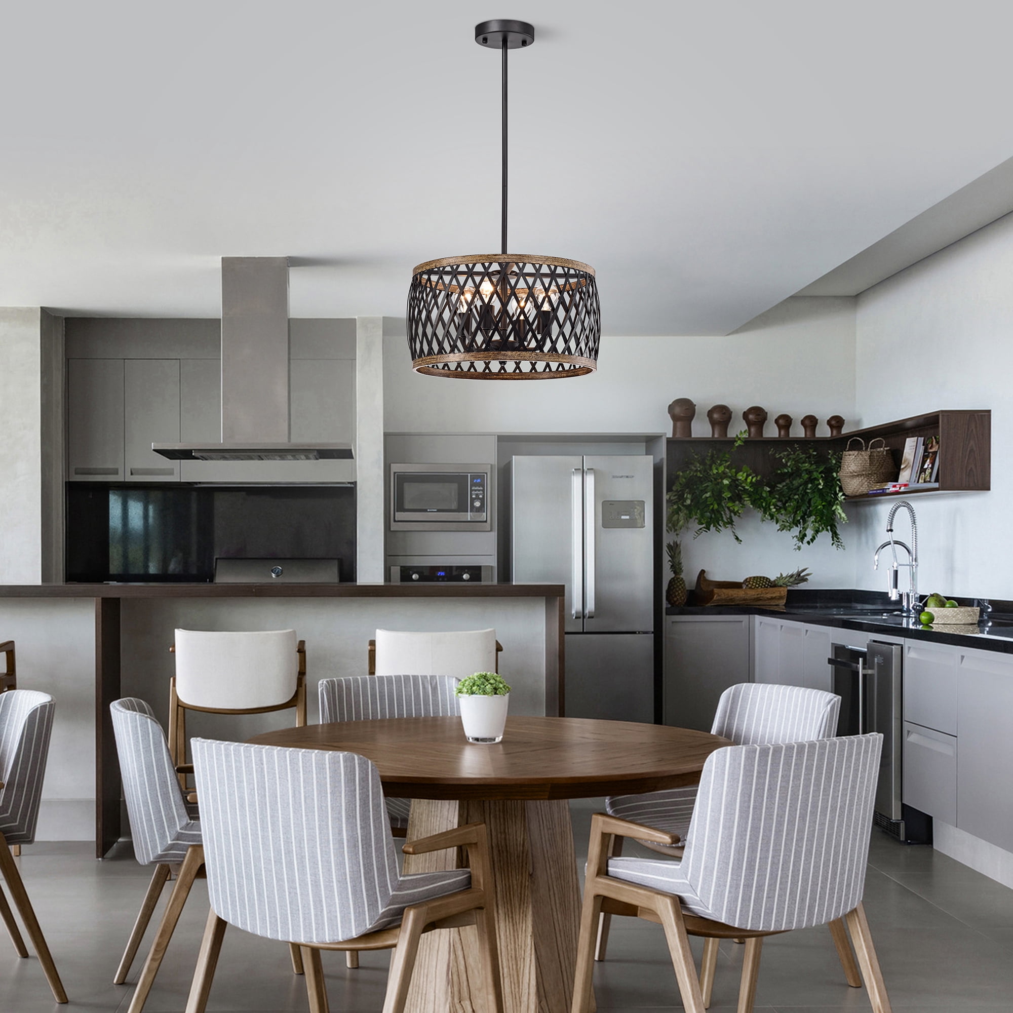 Warehouse of Tiffany Agustin Matte Black 4-Light Metal Geometric Drum Shade Chandelier