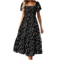 thumbnail image 1 of Staron Summer Dresses for Women Ruffle Sleeve Boho Spring Summer Flowy A Line Midi Dresses Smocked Square Neck Loose High Waist Party Sundress Black M, 1 of 6