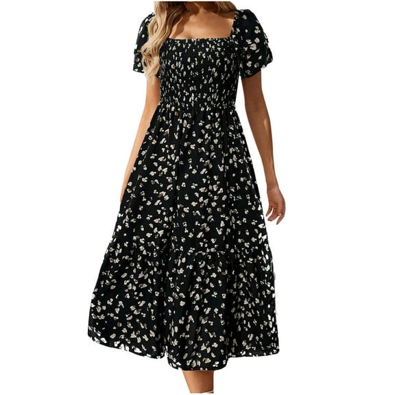 cocolona Womens Summer Boho Floral Print Long Dress Fashion Square Neck Short Sleeve Waisted Pleated Ruffle Flowy Sun Dress