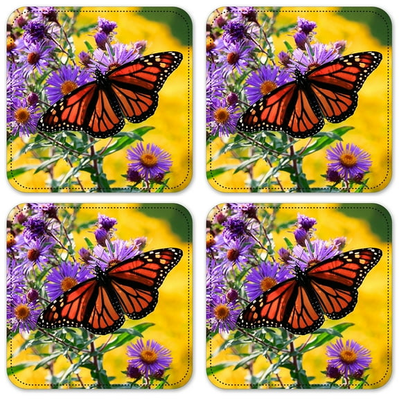 Vinyl Drink Coasters - Set of 4 - Monarch Butterfly on Purple Flower