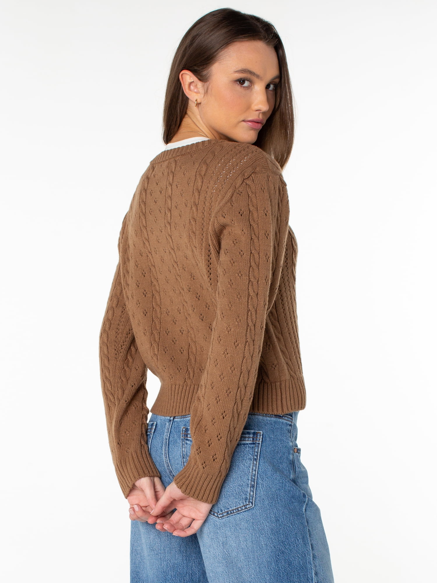 Celebrity Pink Women's Pointelle Crew Neck Cardigan Sweater, Sizes XS-4X