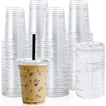 [100 Sets] 12oz Clear Plastic Cups With Flat Lids, Disposable Drinking Cups, 12 Oz Plastic Cups compatible with Ice Coffee, Smoothie, Slurpee, Or Any Cold Drinks