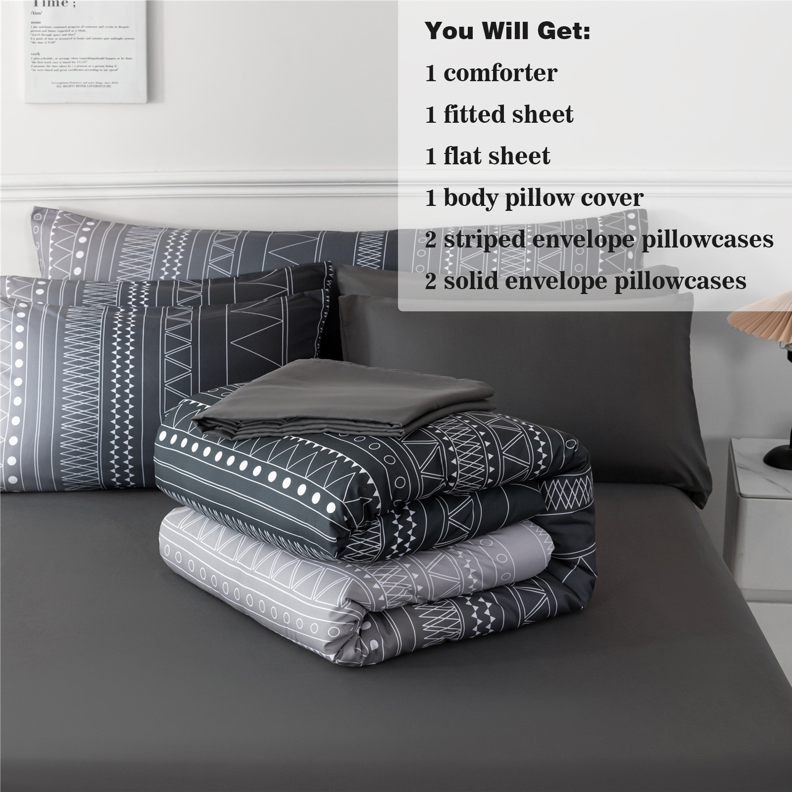 RYNGHIPY Full Bed in a Bag for Men 8 Pieces Black Grey Comforter Set Boho Stripe Gradient Bedding Quilt Set Lightweight Soft Bedding Comforter Sets (Black Grey,Full)