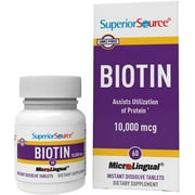 Superior Source Biotin 10000 mcg. Under The Tongue Quick Dissolve MicroLingual Tablets, 60 Count, Supports Healthy Hair, Skin, and Nail Growth, Helps Support Energy Metabolism, Non-GMO