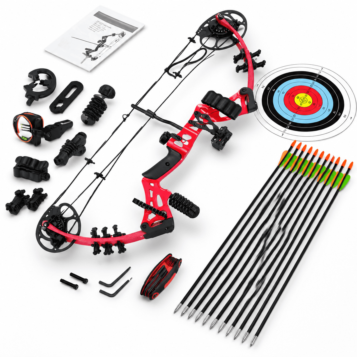 Red 15-45 Lbs Adjustable Right Hand Compound Bow Set for Teens and Beginners
