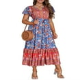 thumbnail image 2 of Robe Longue Femme Manches Courtes Col en V Robe Fleurie avec Ceinture, 2 of 9