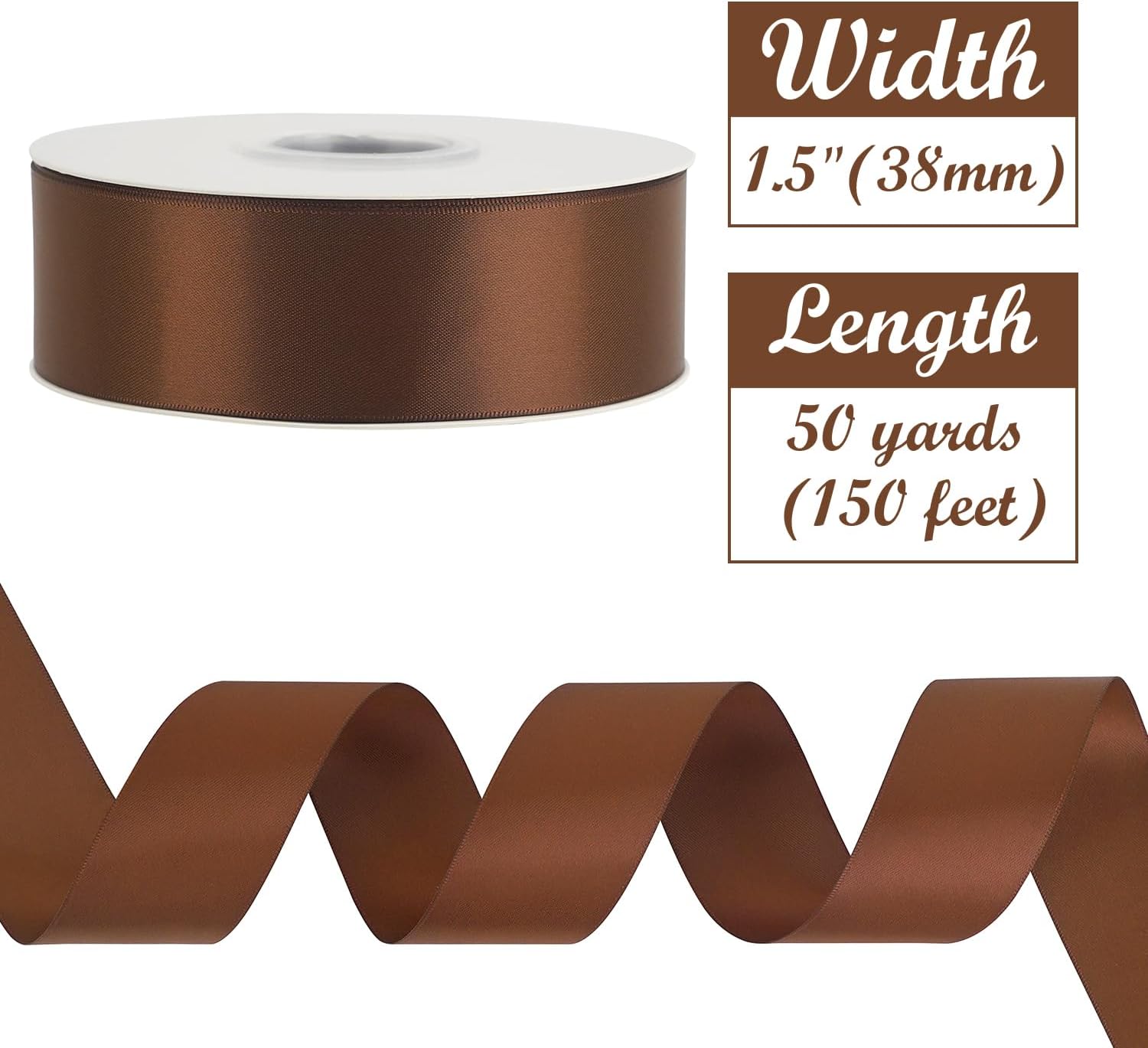 Brown Satin Ribbon 1-1/2 inch x 50 Yards Dark Brown Double-Faced Satin Ribbon for Gift Wrapping, DIY Crafts, Holiday Decor, Christmas Wedding Party Decor, Bows, Flower Bouquet