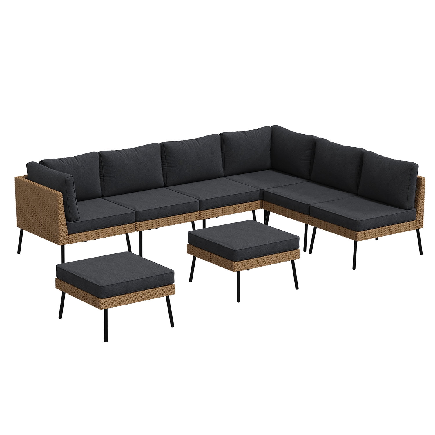 BaPiPro 8-Piece Modular Outdoor PE Rattan Sectional Sofa Set, All Weather Patio Furniture with Removable 4" High Density Cushions & 2 Multifunctional Ottomans for Backyard Garden Courtyard, Black