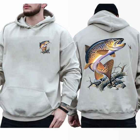 Brown Trout Fisherman Double Sided Hoodie – Fly Fishing Outdoor Adventure Pullover, Nature Lover Sweatshirt for Men and Women