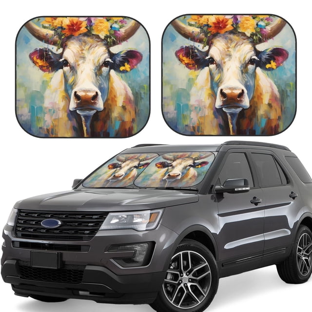 Fotbe Oil Painting Flower Cow 2-Piece Car Windshield Sun Shade | Sun Blocker for Car Windshield | Foldable Automotive Interior Accessories for Sun Protection-Large