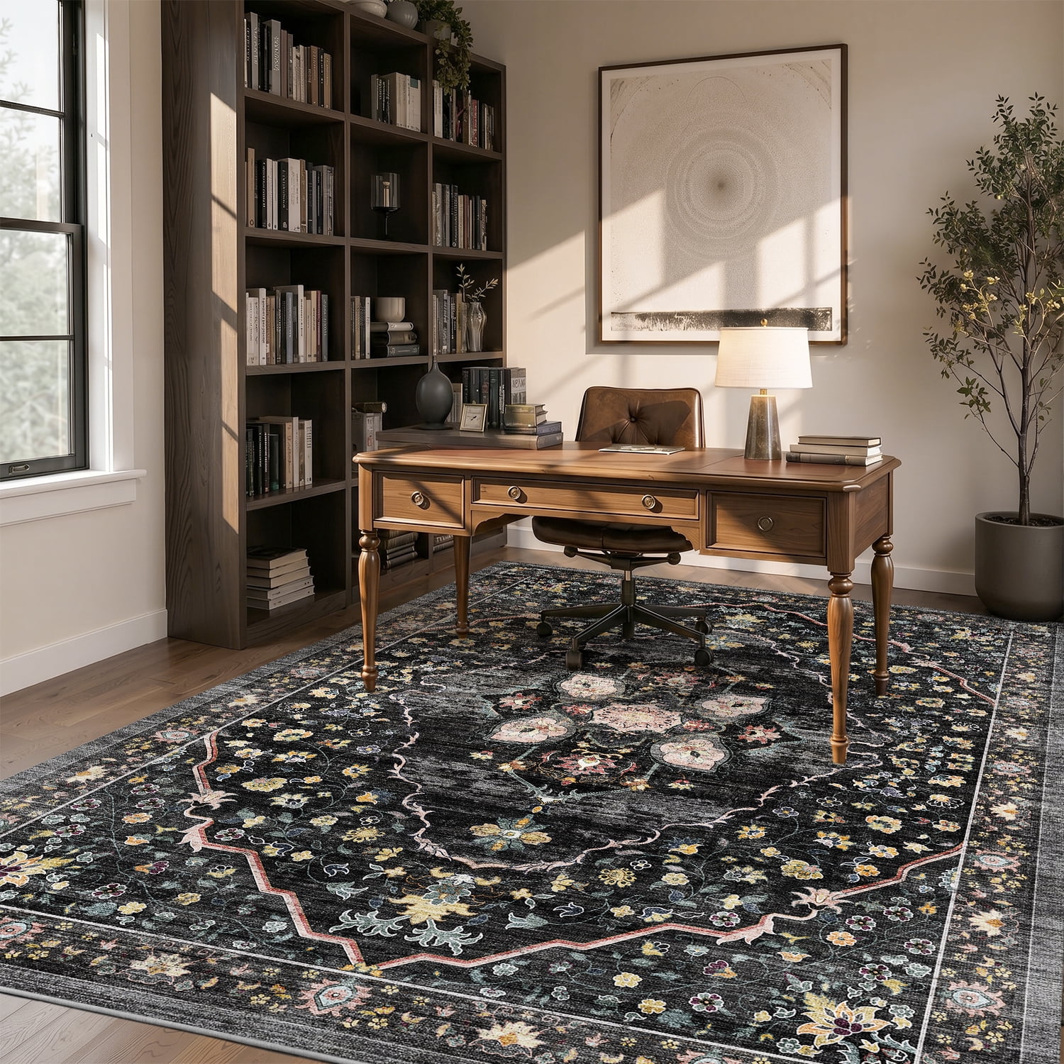 VUNATE 9'x12' Area Rugs for Living Room Washable Rugs Floral Vintage Area Rug Botanical Indoor Carpet Soft Rugs for Bedroom Office Dining Room Kitchen Accent Rug Contemporary Home Decor Black