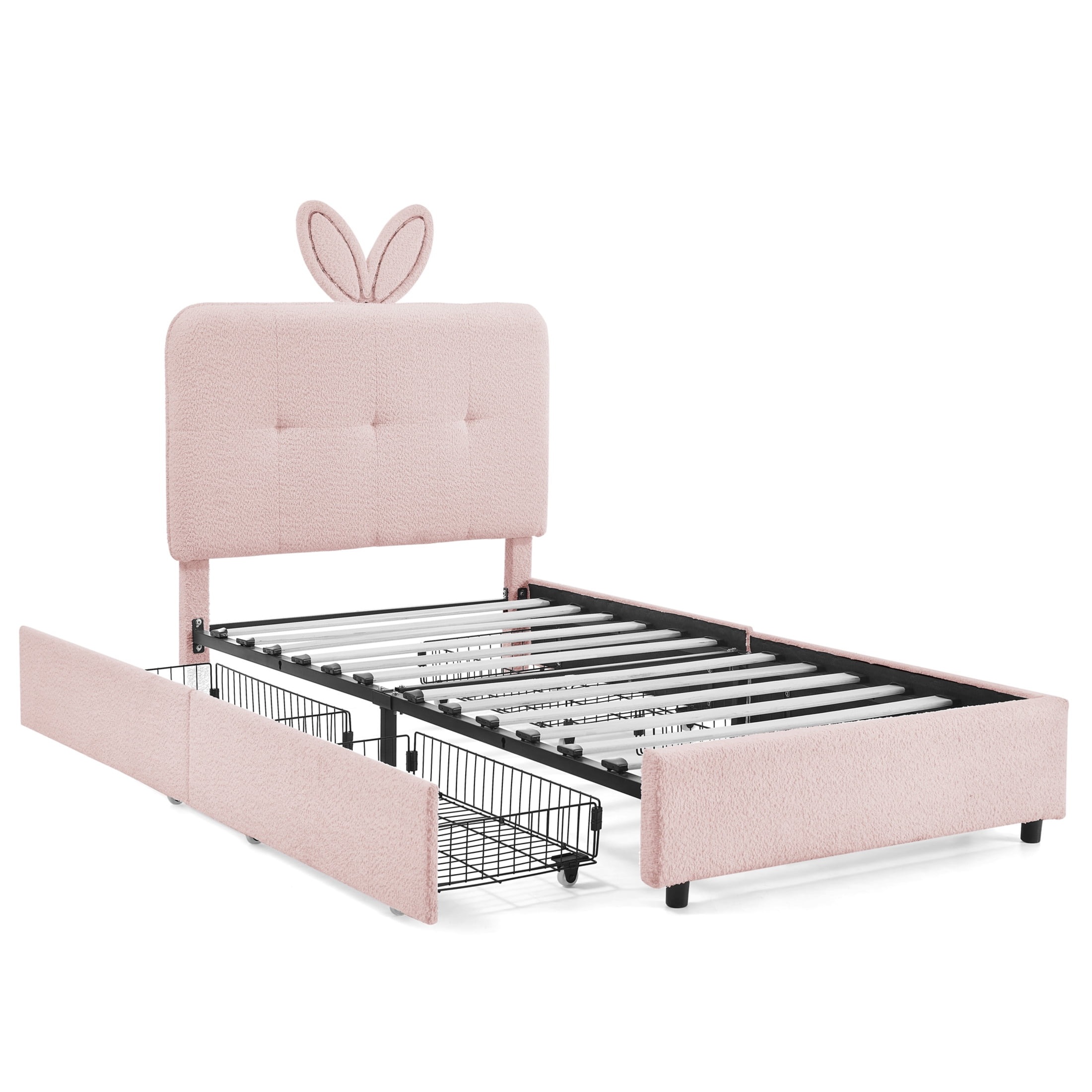 Noble House Bertis Twin Size Boucle Kids Bed, Rabbit Ear Headboard Bed Frame with LED Light and Storage Drawers, Pink