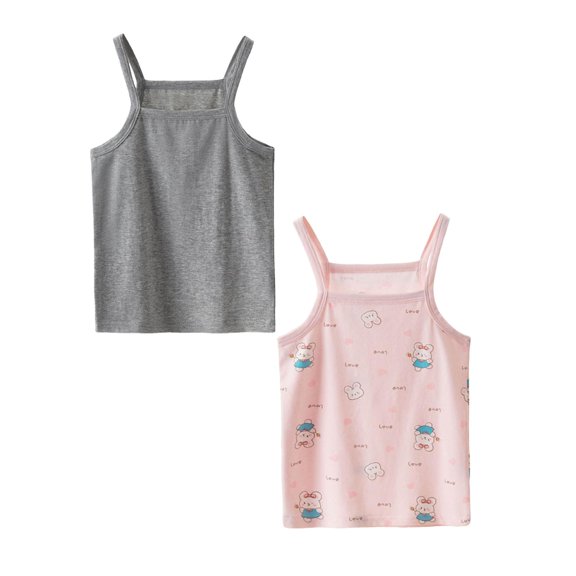 SGMVNU 2 Pack Girls Tank Tops Summer Soft Cotton Camisole Undershirt Cute Cartoon Prints Sleeveless Tanks, Pink, Grey, Size 6-7 Years