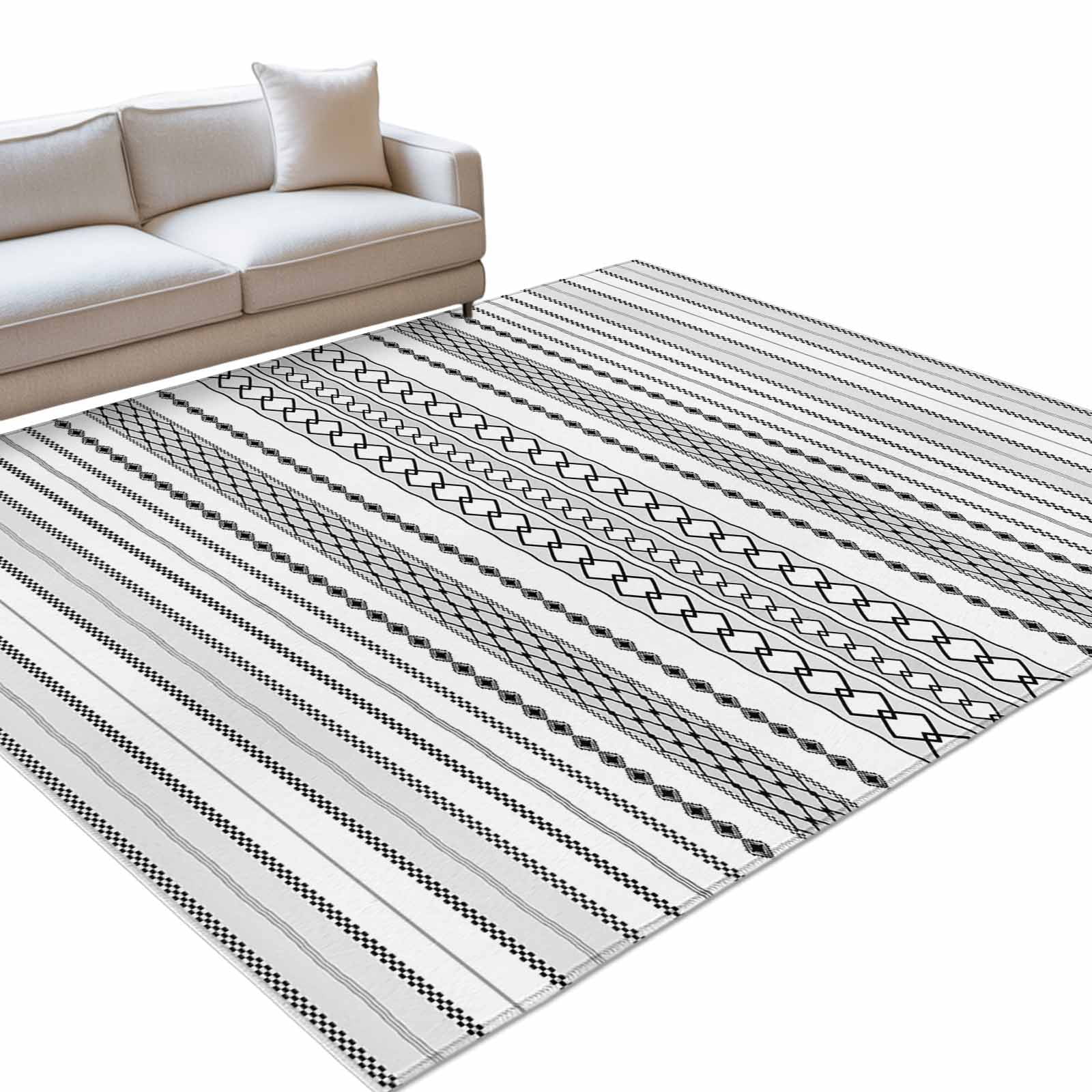 Area Rug 3x5ft Black and White Stripes Boho Style Washable Rugs for Living Room Bedroom Abstract Ethnic Style Soft Non-slip Area Rugs Rectangle Floor Carpet for Dining Room