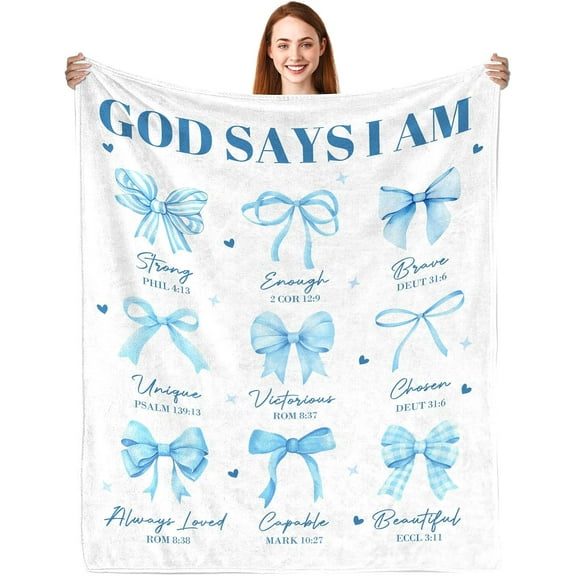 Christian Gifts for Women, God Says I Am Throw Blanket 50"X60", Inspirational Religious Birthday Gifts for Coquette Pink Bow Bible Verse Blanket, Christian Faith Jesus God Prayer Gift for Christmas