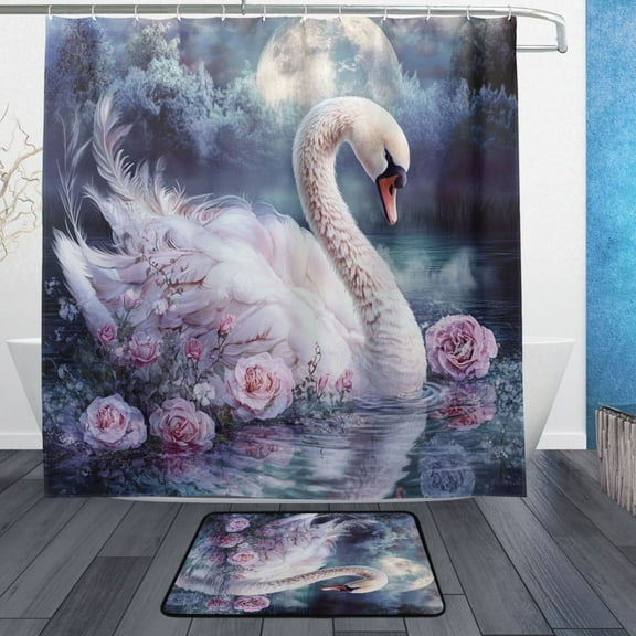 BZSMCE Shower Curtain and Bath Accessory Set,Swan by Moonlight with Roses Pattern