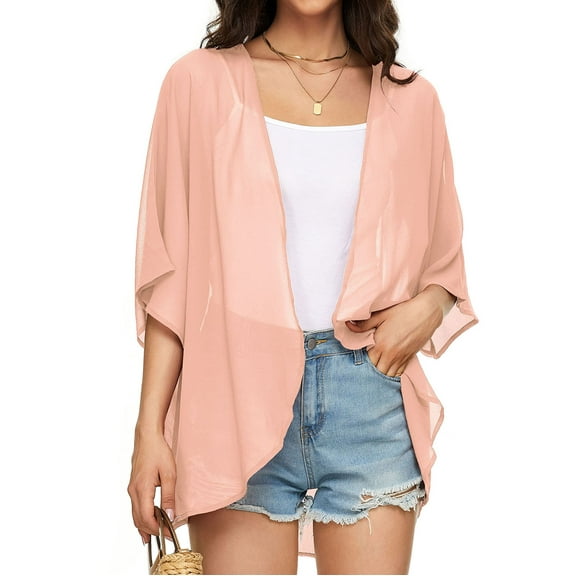 Fengqque Women's Solid Puff Sleeve Kimono Cardigan Loose Chiffon Cover Up Casual Blouse Tops