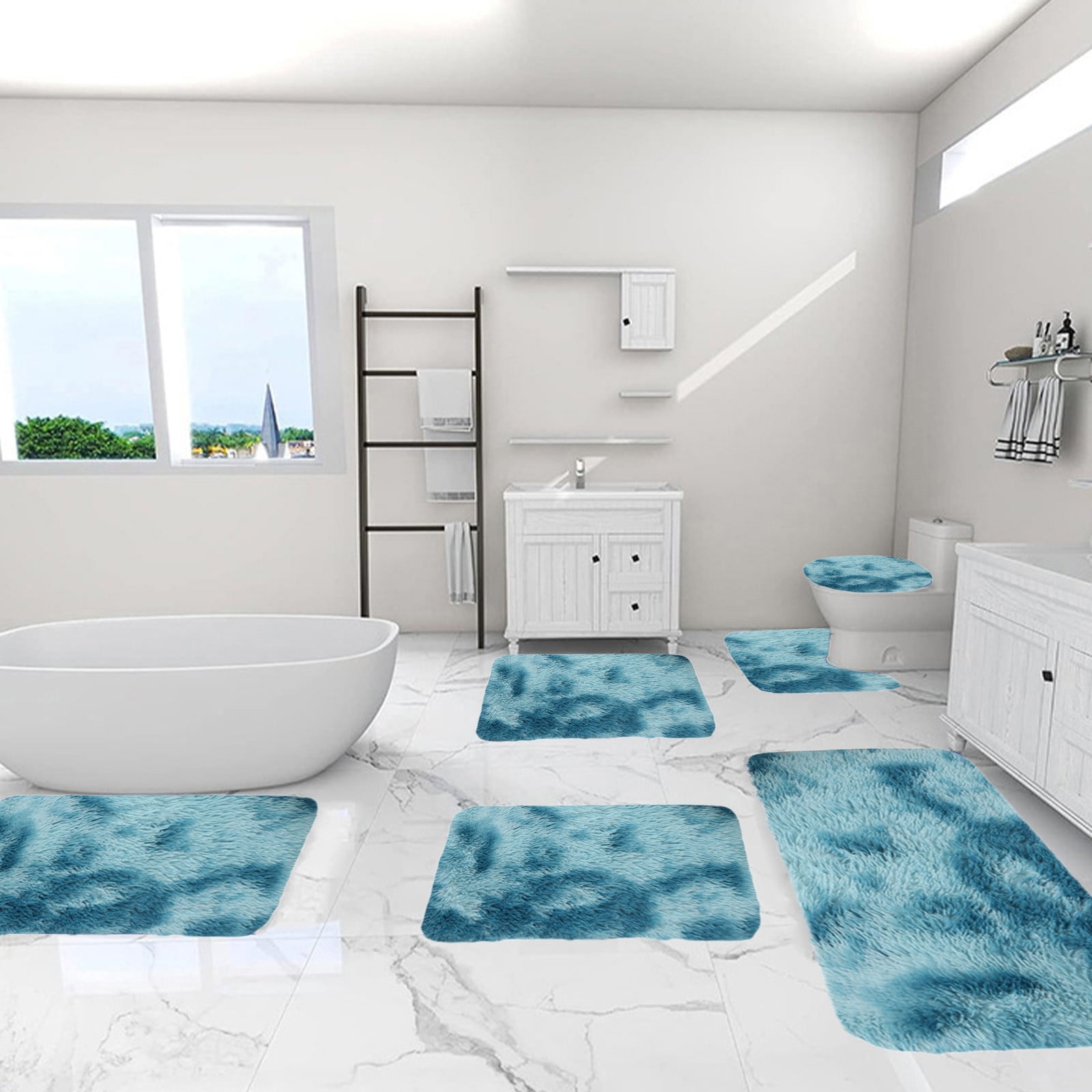 Qocolhg Mixed Colors Shaggy Bath Mats of 6 Piece U-Shaped Contour Toilet Rug, Soft Comfortable Water Absorption Non-Slip Bath Mat, Shower Mat for Floor, Room Door Mat, Machine Washable, Blue
