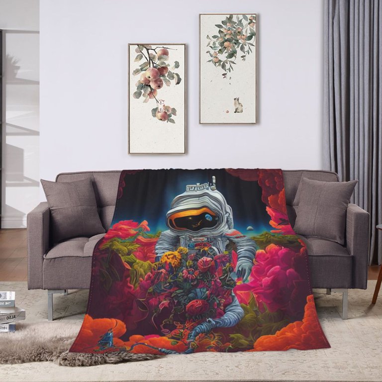 Flower Planet Astronaut Blanket, Fluffy Soft Cozy Blanket Flannel