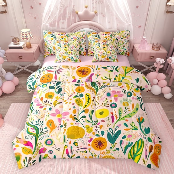 Feelyou Cartoon Flower Bedding Comforter Set 7pcs, Kawaii Plant Leaves Full Bedding Set