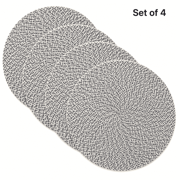Shyamali Woven Placemats Set of 4, 16 " Round Braided Placemats for Dining Table, Heat-Resistant & Washable, Off White & Charcoal