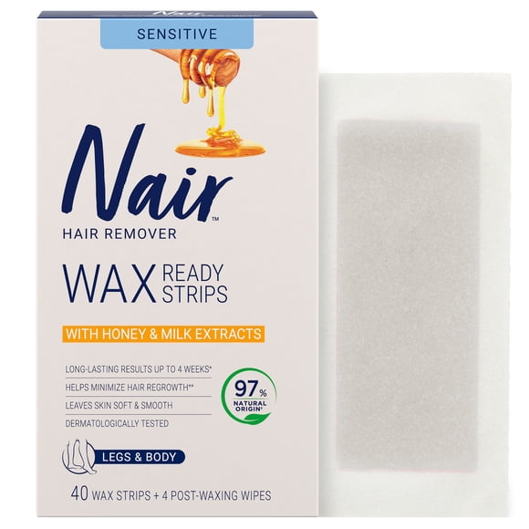 Nair Wax Ready Strips for Legs & Body with Milk and Honey, for Sensitive Skin, 40 Strips + 4 Finishing Wipes, Packaging May Vary