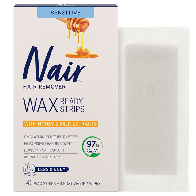 Nair Wax Ready Strips for Legs & Body with Milk and Honey, for Sensitive Skin, 40 Strips + 4 Finishing Wipes, Packaging May Vary