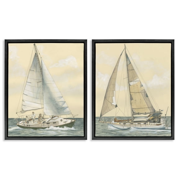 Stupell Industries Sailboat Crew At Sea People Painting Black Floater Framed Canvas Art Print Wall Art, 17 x 21, Set of 2