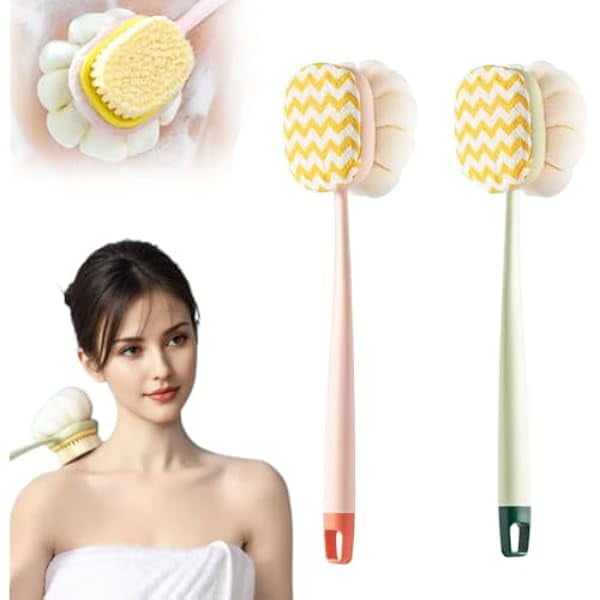 wonima11 2-in-1 Bath Scrubber Back Brush,2025 New Shower Body Brush with Bristles and Loofah,Double-Sided Bath Back Scrubber with Long Handle for Women, Men, The Elderly (Pink A+Green A)