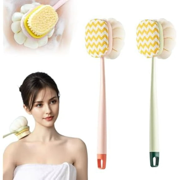 wonima11 2-in-1 Bath Scrubber Back Brush,2025 New Shower Body Brush with Bristles and Loofah,Double-Sided Bath Back Scrubber with Long Handle for Women, Men, The Elderly (Pink A+Green A)