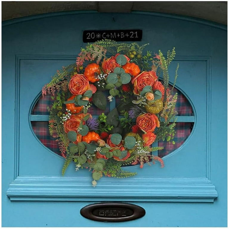 AMF0RESJ Artificial Fall Wreath for Front Door Autumn Wreath with Bright  Oak Leaves,Small Pumpkin,Berry Branches,Mixed Leaves for Farmhouse Indoor