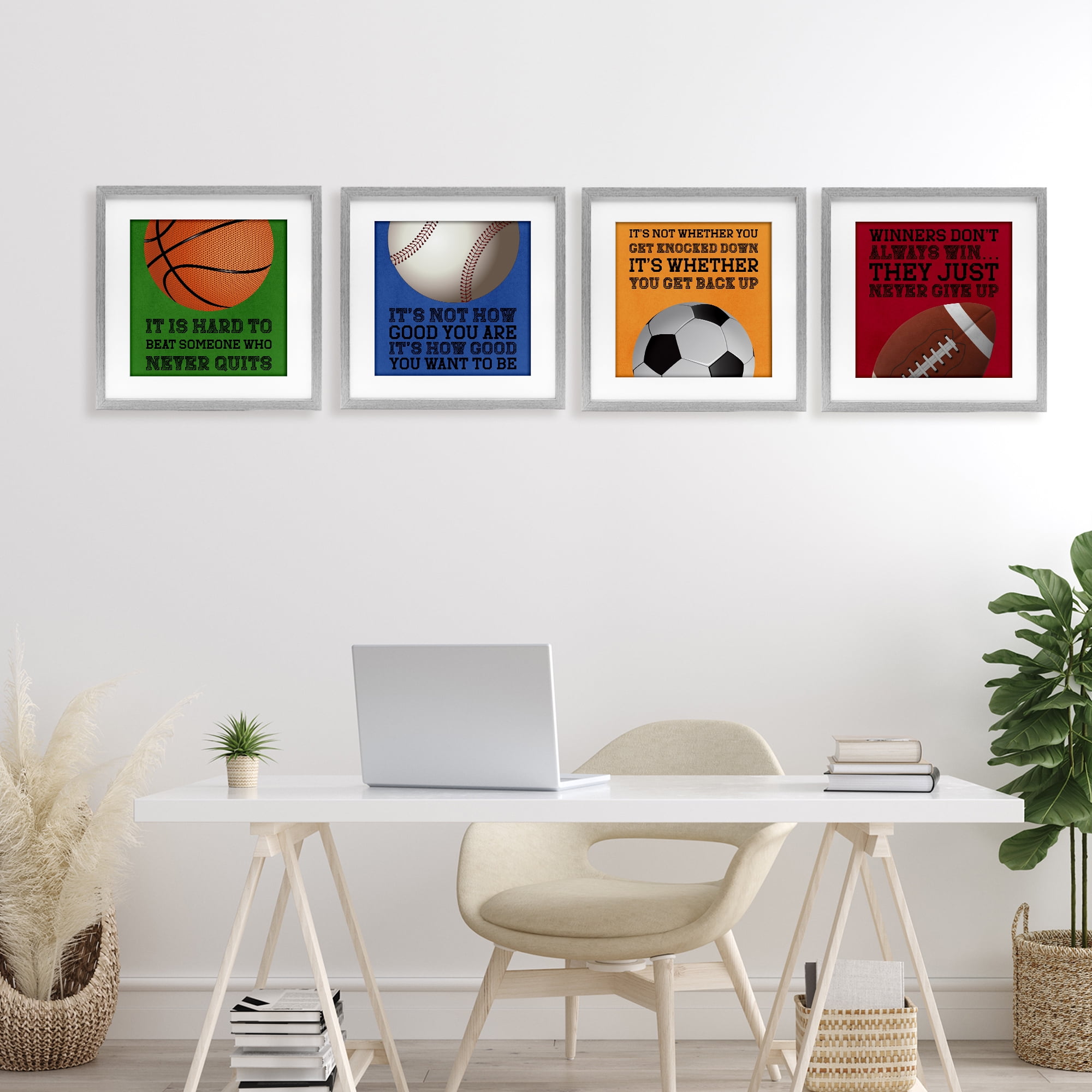 Motivational Sports Determination 4 Piece Gray Framed Print Under Glass Set, design by Marcus Prime
