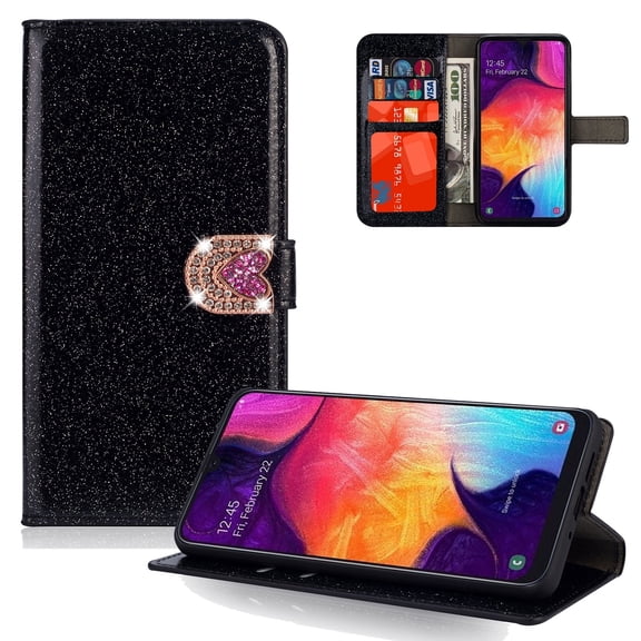 Allytech Galaxy A50 Wallet Case for Girls Women, PU Leather Glitter Stand Folio Flip Cards Slots Full Protective Shockproof Book Style Wallet Cases Covers for Samsung Galaxy A50 2019,Black