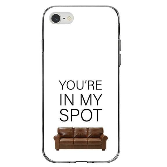 DistinctInk Clear Shockproof Hybrid Case for iPhone 7 8 SE (2020 Model) 4.7" Screen TPU Bumper Acrylic Back Tempered Glass Screen Protector - Brown Couch "You're in My Spot"