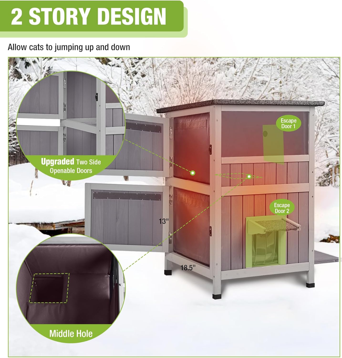 MEDEHOO Heated Cat House for Outside, 2-Story Outdoor Cat House Insulated with Electric Heating Blanket, Waterproof Wooden Cat Shelter with Bite-Resistant Wires