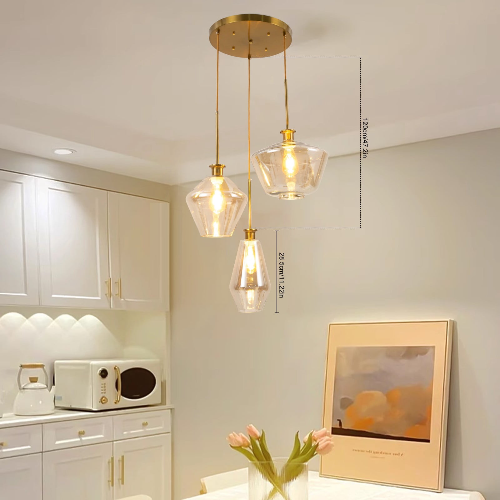 Champagne Gold Glass 3 Heads Hanging Pendant Light Flush Mount Ceiling Light Fixture Modern Glass Lamp Chandelier for Home Kitchen Hotel Coffee Bar Dining Room