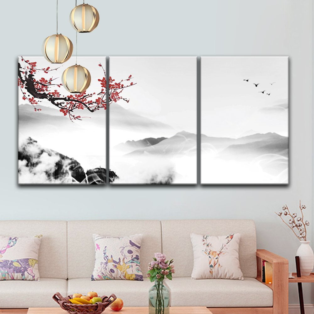 wall26-3 Panel Canvas Wall Art - Chinese Ink Painting Style Landscape ...