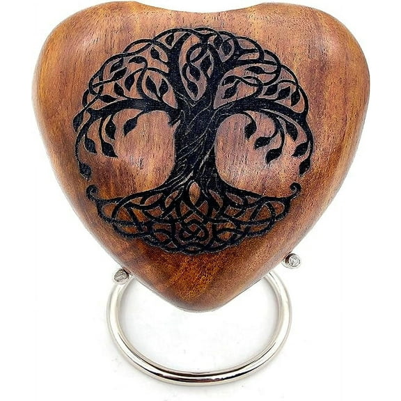 Tree Of Life Wooden Heart Urn Keepsake Cremation Urn for Human pet Ashes Handcrafted Urn Heart Shaped - Perfect for Adults & Infants comes with Brass Stand