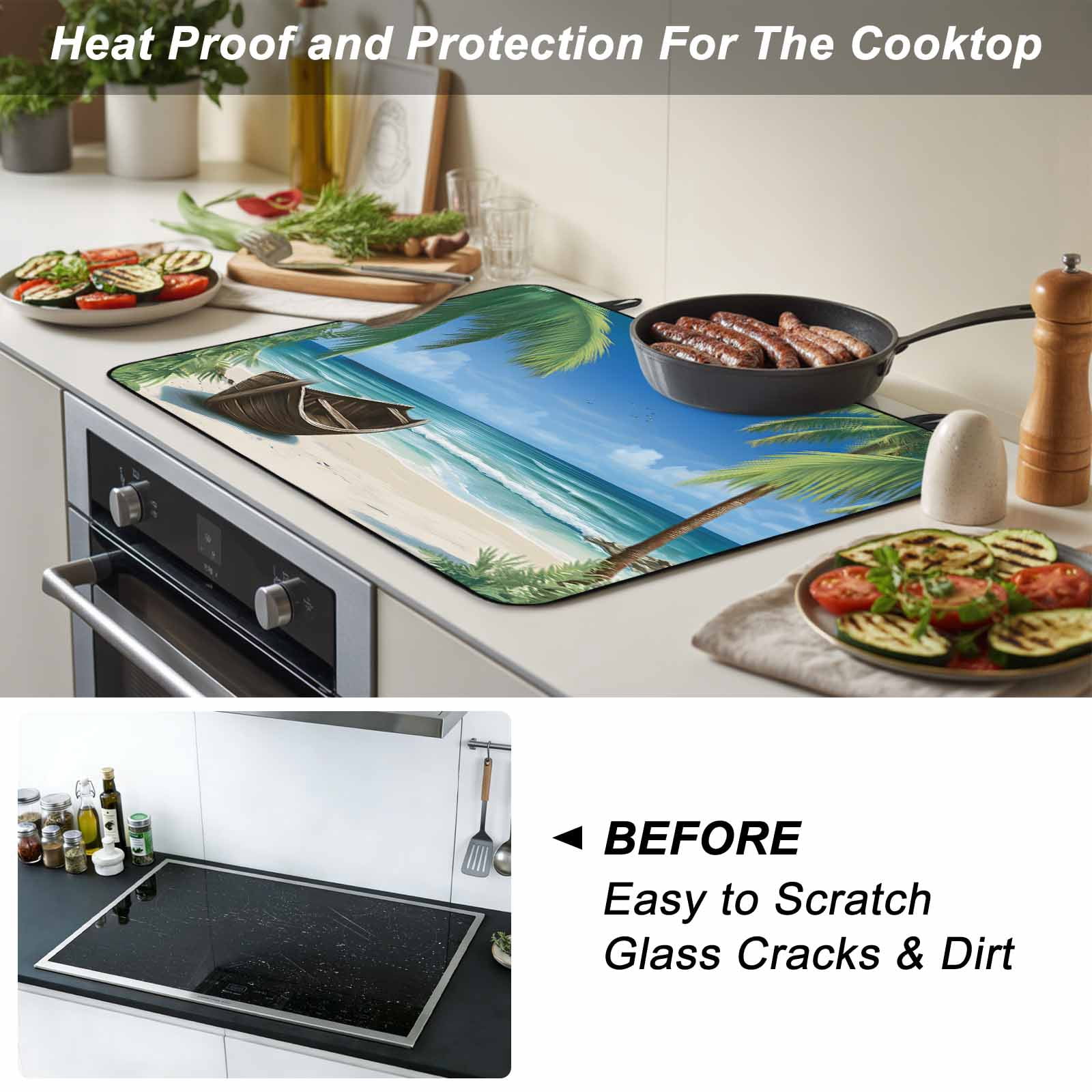 Ocean Beach Stove Top Cover for Electric Stove, Heat-proof & Non Slip Glass Top Stove Cover Protector, Blue Coastal Palm Tree Nautical Sailboat Kitchen Flat Cooktop Rubber Mat 24x21 Inches