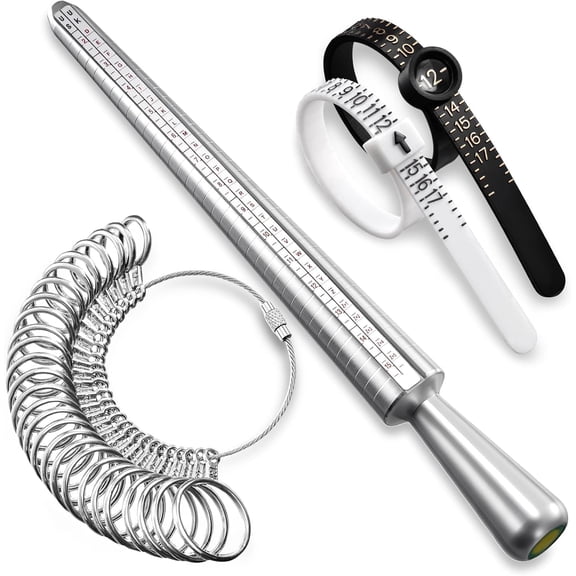 Ring Sizer Measuring Tool Set, Ring Gauges with Finger Sizer Mandrel Ring Sizer Tools for Jewelry Sizing Measuring, 4 pcs, Silvery