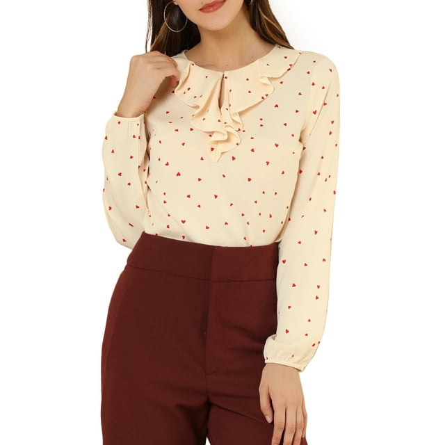 Unique Bargains Women's Ruffle Neck Long Sleeve Polka Dots Blouse Shirts