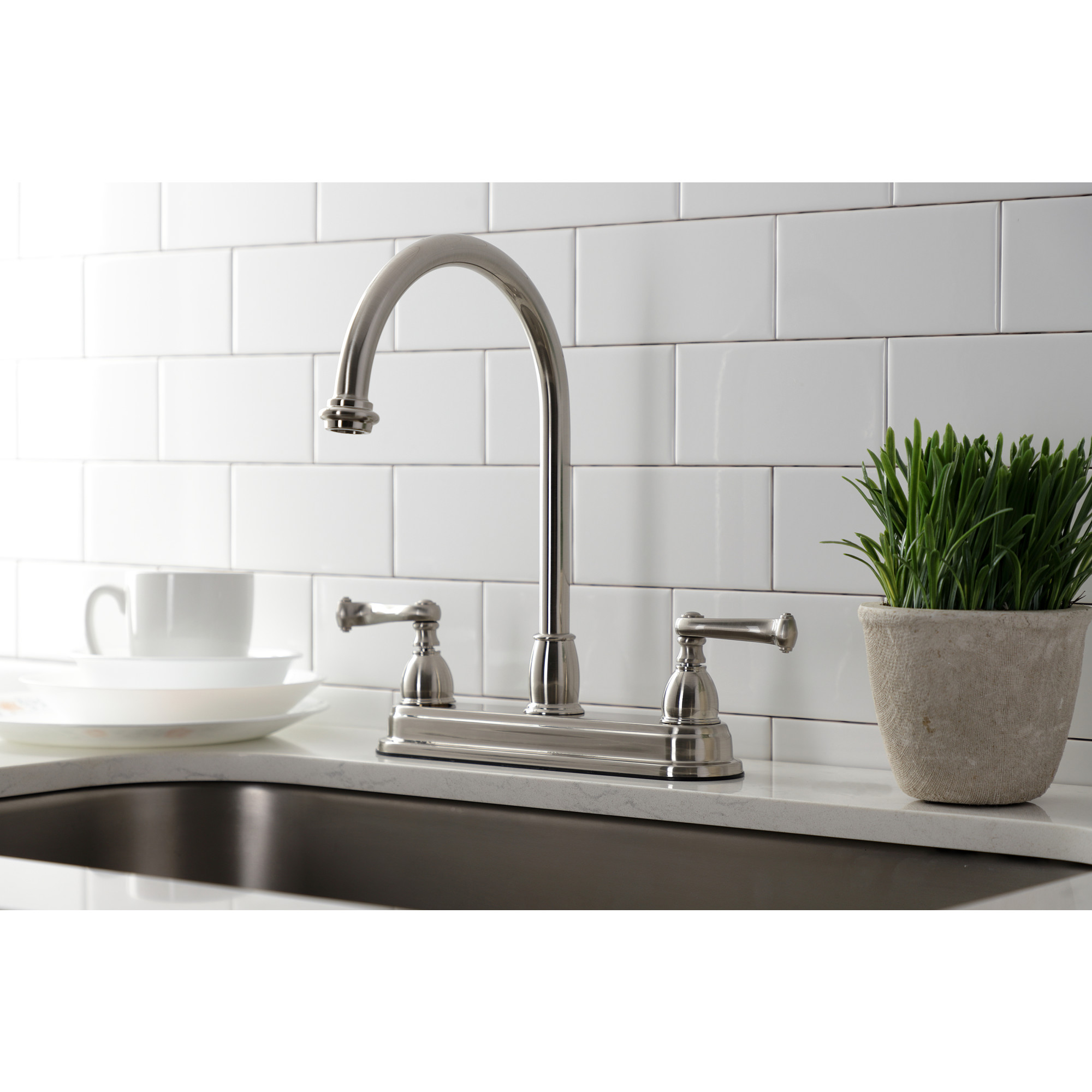 Kingston KB3748FL Two-Handle 3-Hole 8" Centerset Kitchen Faucet in Brushed Nickel