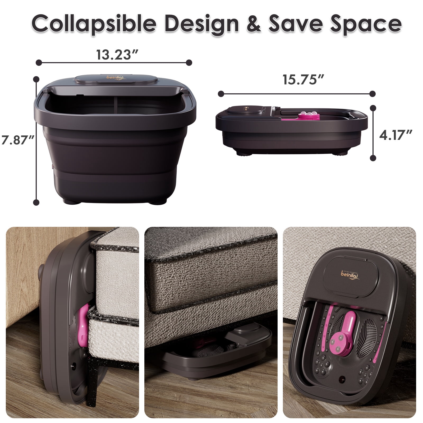 Beinilai Collapsible Foot Spa with Heat and Massage,Foot Bath with 3 Pedicure Attachments, Remote Control,Timer ,Bubbles and Vibration for Care Your Feet (Dark Grey)