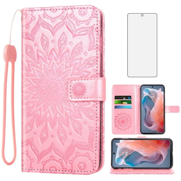 Asuwish Compatible with Motorola Moto G Play 2024 4G Wallet Case Lanyard Leather Flip Card Holder Stand Wrist Strap Cell Phone Cover for XT2413V XT2413-1 64GB Women Men Pink