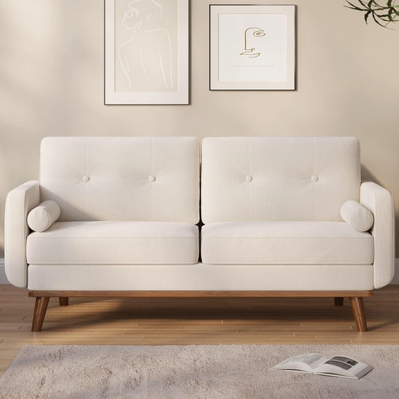 65"W Loveseat Sofa, Mid Century Modern Couch Comfy Love Seat Couches for Living Room, Button Tufted Upholstered Couches for Bedroom Office, Beige